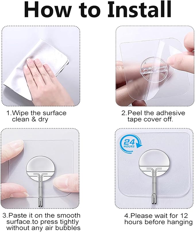 JINSHUNFA Adhesive Wall Hooks 13LB Heavy Duty No Drill Transparent Waterproof Hooks for Bathroom Kitchen Towel Coat 8 Pack
