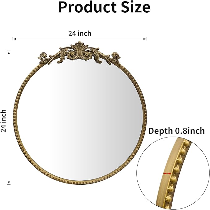 Round Mirror, 24''Baroque Style Circle Mirror Vintage Gold Metal Frame Wall Mirrors for Vanity, Bathroom or Bedroom