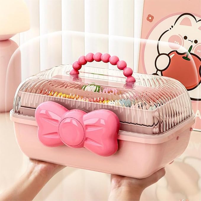 3-Layer Kids Hair Accessories Organizer with Bowknot Lock Cute Jewelry Box Headband Hair Tie Clip Organizer Box for Little Girls - Pink