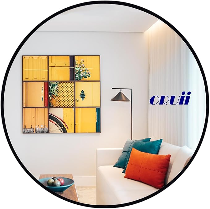 Oruii Round Mirror 30 inch, Black Round Mirror, Large Circle Mirrors Metal Frame, Black Circle Mirrors for Wall, Bathroom, Living Room, Dining Room, Entryway.