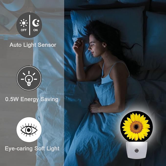 Yellow Sunflower Plug in Night Light Auto Light Round Lamps Energy Saving Gift for Women Men Friends