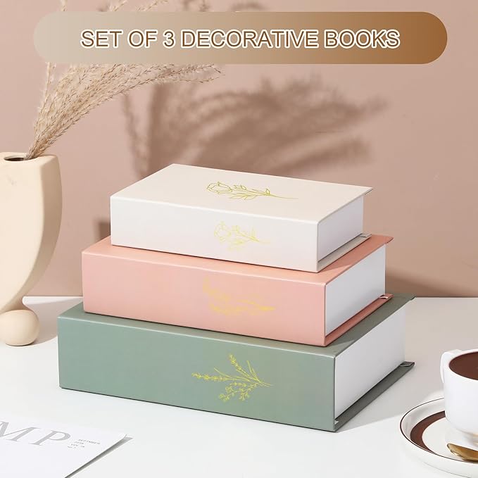 Sabary Set of 3 Decorative Books Boxes for Home Decor, Faux Books Stacked for Coffee Tables, Modern Aesthetic Home Bookshelves Decor, Fake Fashion Photo Storage Boxes