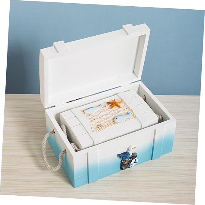 Alipis 2pcs Nautical Beach Jewelry Storage Boxes Wooden Keepsake Trunks Mediterranean Style Makeup Organizer Decorative Desktop Props for Home and Photography
