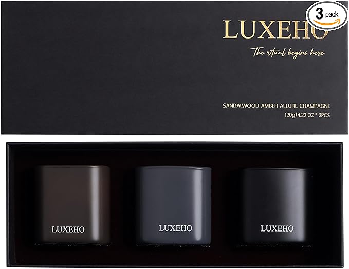 Luxury Scented Candle Set 3-Pack | Home Decor & Giftable Soy Candles | Champagne, Sandalwood & Amber | 75h Burn Time | Cotton Wick | Elegant Decorative Jars