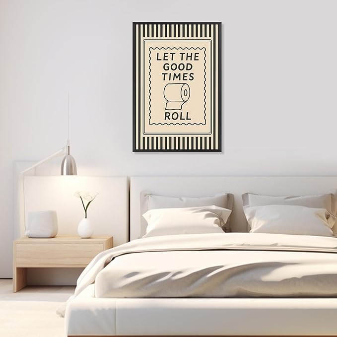 Trendy Let The Good Times Roll Wall Art Green Striped Funny Bathroom Quote Posters Modern Minimalist Room Aesthetic Picture Painting For Bedroom Dorm Restroom Wall Decor 16x24in Wrapped Canvas