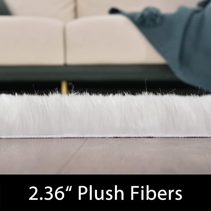 Latepis White Faux Fur 4'x5'10" Area Rug, Soft Plush Faux Fur Sheepskin Rugs for Living Room, Washable Fluffy Fuzzy Rug for Bedroom and Living Room, Luxury Room Decor, Rectangle