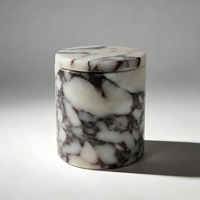 Luxury Marble Storage Box with Lid, White and Purple Veined Pattern, Decorative Organizer for Makeup Brushes, Jewelry, Bathroom Accessories (Round)