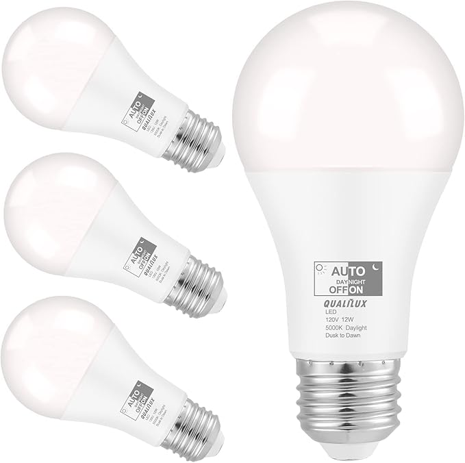 Qualilux Dusk to Dawn Light Bulbs, Auto On/Off Light Sensing LED Bulbs Outdoor, Daylight, A19 4-Pack, 12W 1000LM 75W Equivalent, HQ-H024