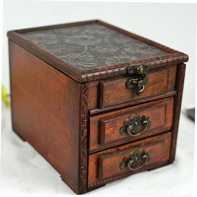OUNONA Vintage Chinese Jewelry Box with Mirror Multi Functional Jewelry Storage Organizer for Makeup and Accessories Dustproof Wooden Case Ethnic Style Vanity Decor Gift