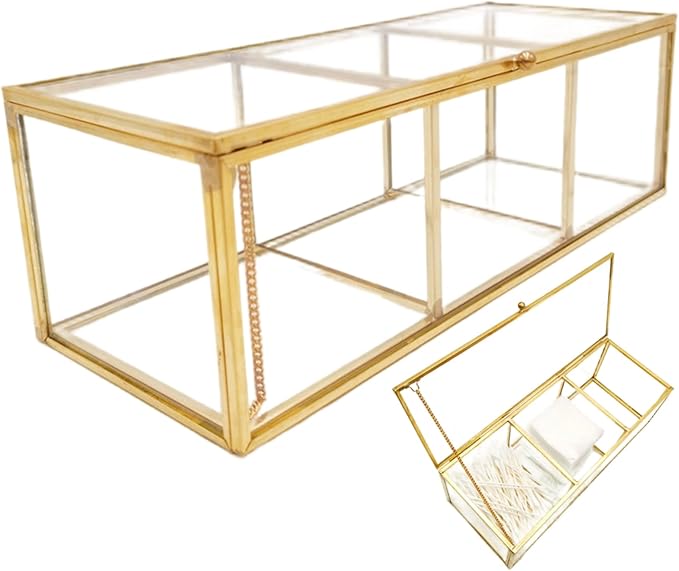 Gold Jewelry Box Gold Makeup Organizer, 3 Compartment Transparent Glass Box, 9.1x3.5x2.8 Inch Jewelry with Lid for Dresser Desktop