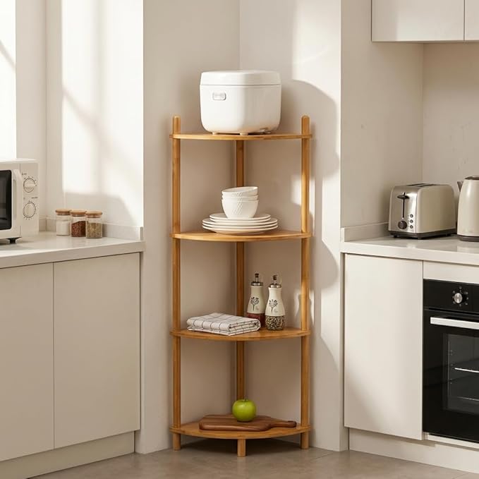 4-Tier Expandable Bamboo Corner Shelf Stand,Corner Bookshelf, Display Storage Shelves with Open Shelves, for Organization and Storage, Living Room, Home Office, Garage (1, Natural, 4-Tier)