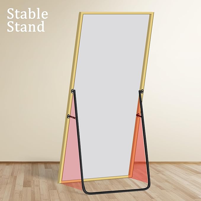 GlasFlength Full Body Mirror with Stand, 71" x 32" Full Length Mirror with Aluminum Alloy Frame Wall-Mounted/Leaning Against Wall/Floor Standing Mirror for Home Decor, Gold