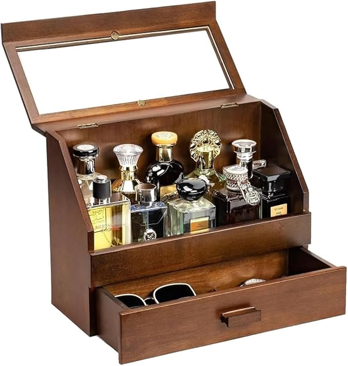 Miratino Cologne Organizer for Men - Dustproof Stand with Drawer, Wood Perfume Stand Organizer for Dresser, Large Capacity Cologne Holder Display, Great Gift for Men