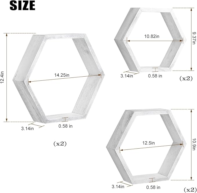 NORCEESAN Hexagon Floating Shelves Set of 6 Honeycomb Shelves Wooden Farmhouse Hexagonal Shelf for Wall Decor Hanging Shelves Honeycomb Storage Shelf for Bedroom Living Room Nursery, Grey-White