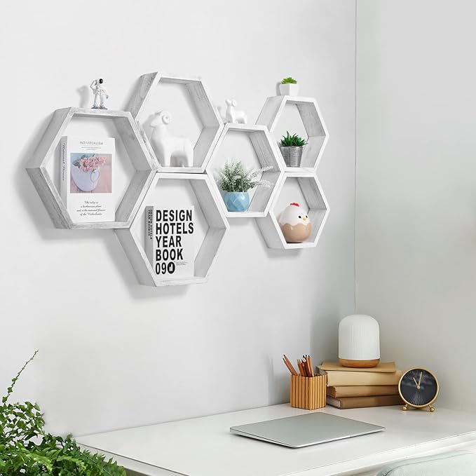 YBING Hexagon Floating Shelves Wall Mounted Set of 6 Honeycomb Shelves Wood Hexagonal Storage Hanging Shelves Farmhouse Wall Decor Floating Shelves for Bedroom Living Room Grey-White