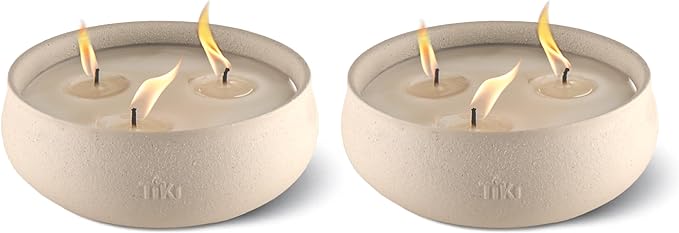 TIKI Citronella Candle 2-Pack – 7-Inch White Wax Bowl with Concrete Finish – Outdoor Decorative Candles for Patio, Deck, Garden, Backyard & Camping
