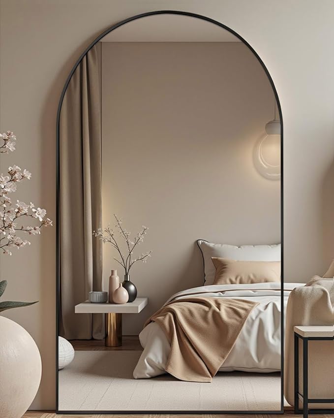 DMWOODFL 76x34 Inch Arched Full Length Mirror with Stand, Floor Standing & Wall Mounted Body Mirror, Aluminum Frame for Bedroom, Living Room, Cloakroom, Black