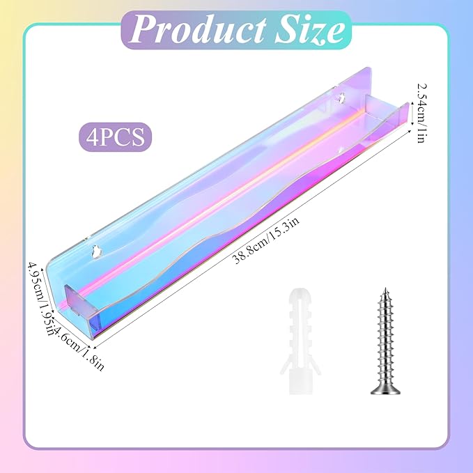 4 Pack 15" Iridescent Acrylic Floating Shelves, Wall Mounted Clear Acrylic Display Shelf Invisible Set up for Funko Pop Display Shelves Wall Organizer for Bathroom Bedroom Bookshelf