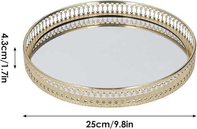 9.8×1.7in Round Decorative Mirror Tray American Style Makeup Organizer Jewelry Organizer Serving Tray with Decorative Geometric Shape Side for Whiskey Decanter, Vanity Set, Perfume Tray