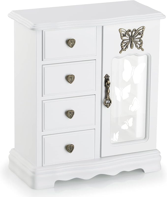 RR ROUND RICH DESIGN Solid Wooden Jewelry Box Makeup and Organizer Women Ring Storage with 4-Drawers Built-in Necklace Carousel and Mirror White