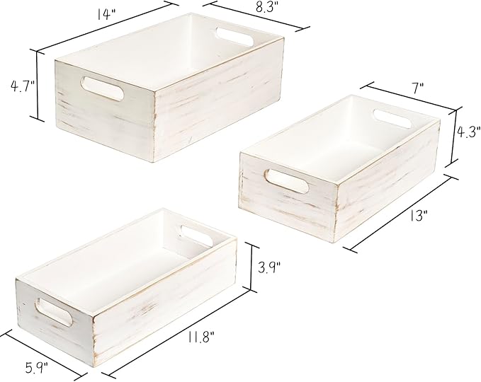 Set of 3 White Wooden Boxes for Storage Small Crates for Display and Organizing, Farmhouse Style Storage Boxes for Crafts, Decor, Home Pantry and Living Room