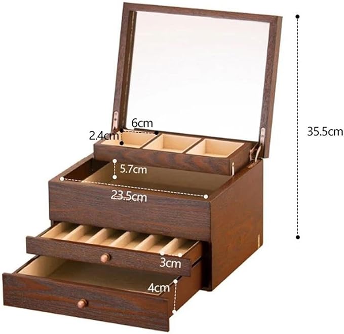 Ring Box Jewelry Storage Box Makeup Organizer Solid Wood Necklace Storage Rack Large Capacity Jewelry Box With Mirror Gift Ring Boxes For Jewellery