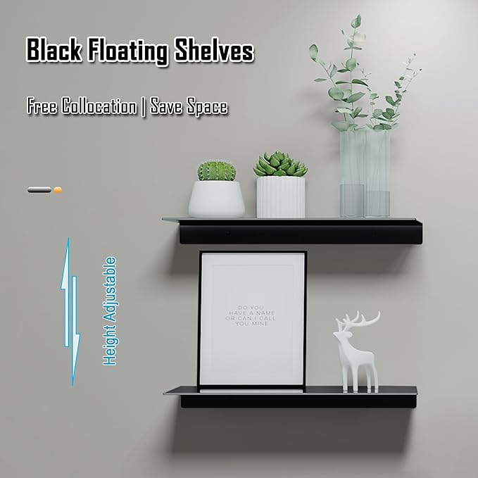 HNVNER Metal Floating Shelves Set of 2, Length 30CM, Black Wall Shelf for Bathroom, Display Shelves for Wall Decorative for Living Room, Bedroom, Hallway, Office