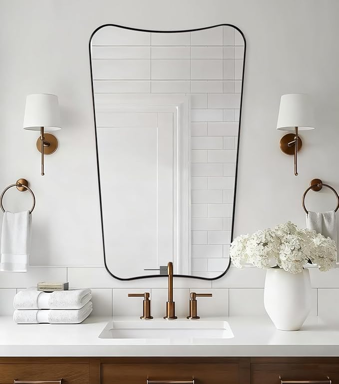 ANDY STAR 30"x48" Large Bathroom Mirror, Brushed Bronze Mirror for Over Sink, Irregular Shaped Mirror in Premium SUS304 Thin Frame, Italian Curved Frame, Ideal for Bathroom, Powder Room, Entryway