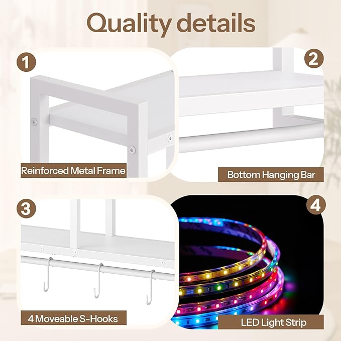 HOOBRO Gaming Floating Shelves with LED Lights, 28.7" LED Wall Mounted Shelf, 4-Tier Floating Wall Shelf for Storage, Display Rack with Hanging Bar and 4 S Hooks, for Gaming Room, White WT37DBJ01