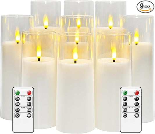 kakoya Flickering Flameless Candles Battery Operated with Remote and 2/4/6/8 H Timer Acrylic Led Pillar Candles Pack of 9 (appr D2.3"xH5.5"6.5"7.5")with Realistic 3D Wick Candles for Home Decor(White)