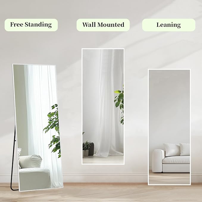 Sunniry Full Length Mirror with Stand, Full Body Mirror with Aluminum Metal Frame, Standing Mirrors for Bedroom, Livingroom, Bathroom, Hallway, Cloakroom, Wedding. (56x16 inch, White)