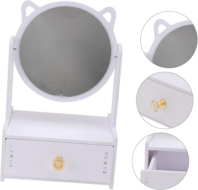 Desktop Makeup Mirror with Storage Drawer Cat Ears Design for Home and Office Use Durable Material Stylish Vanity Organizer for Cosmetics and Accessories