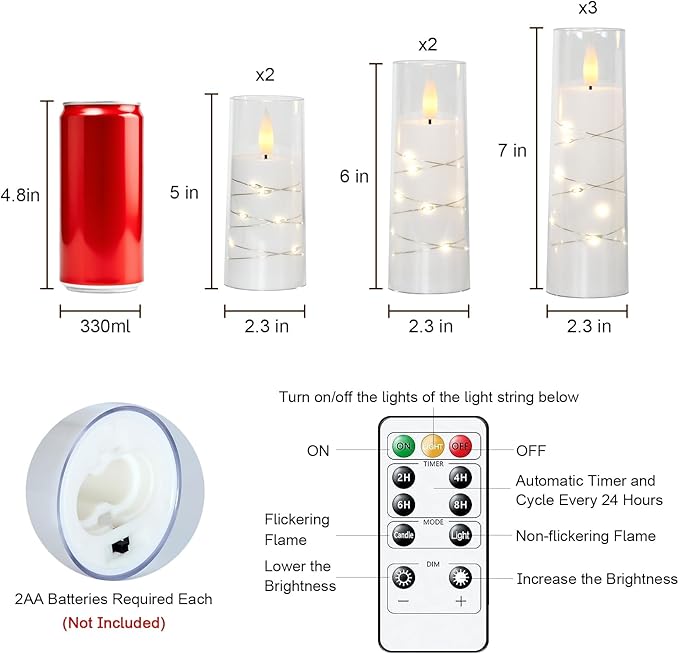 Raycare Flameless Candle with Remote Timer, 7 Flickering Acrylic Battery Operated LED Pillar Candles with Embedded Star String for Valentine's Day, Home Decor, and as a Gift(White)