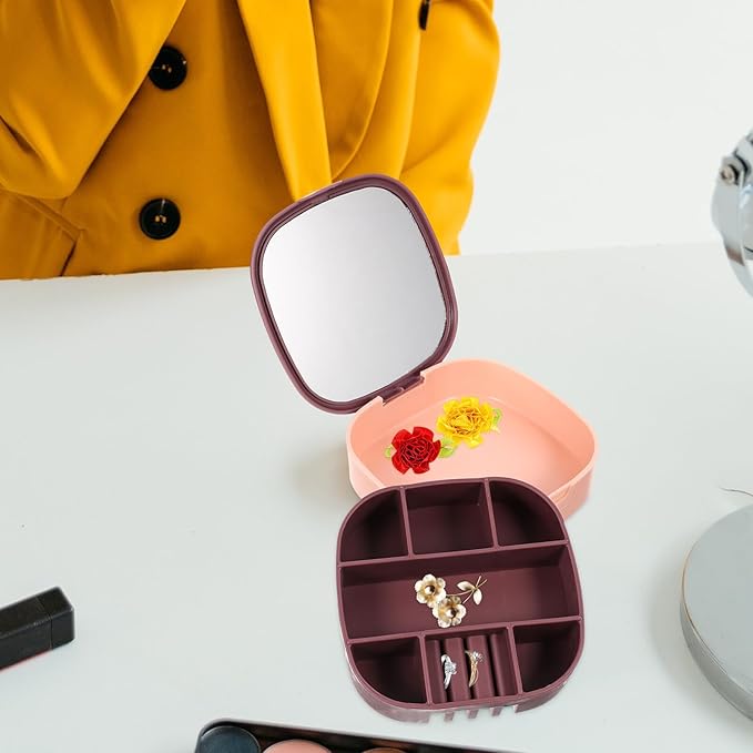 DOITOOL Portable Travel Jewelry Box with Mirror Pink Purple Small Jewelry Organizer for Rings Necklaces Earrings Storage and Display Women’s Makeup