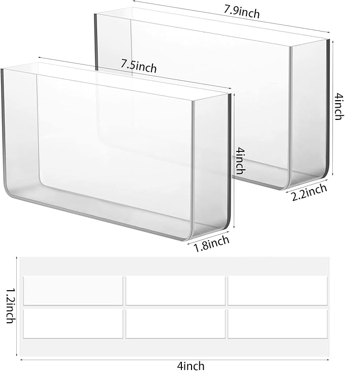 Jetec 2 Pieces Wall Mount Remote Control Holder Acrylic Placed Flat Media Organizer Storage Box with Acrylic Transparent Glue, No Need to Drill Holes (7.5 x 4 x 1.8 Inch, 7.9 x 4 x 2.2 Inch, Clear)