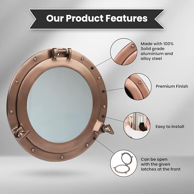 15 Inch Bathroom Wall Decor Ship Porthole Mirror with Copper Finish – Vintage Round Wall Mounted Mirror for Bathroom Vanity, Nautical Pirate Coastal Vintage Home Décor