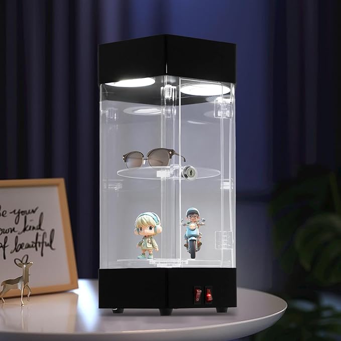 Electric Rotating Display Case, 2-Tier Acrylic, Clear Spinning Cabinet, LED Lights, Lock, Cosmetics, Figurines, Jewelry
