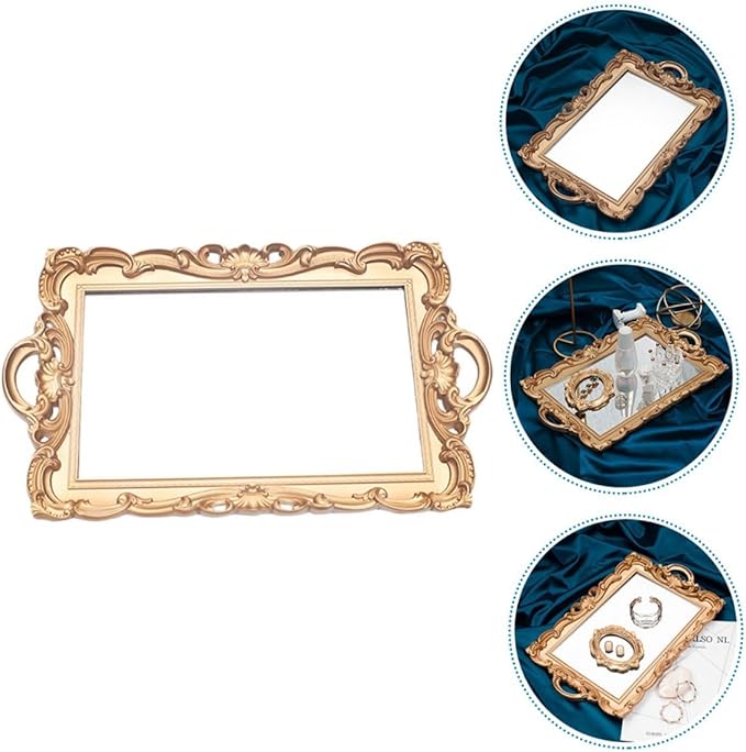 Retro Mirror Makeup Tray Golden Rectangular Plastic Cosmetics Storage Plate European Style Perfume Organizer Decorative Household Vanity Display Tray