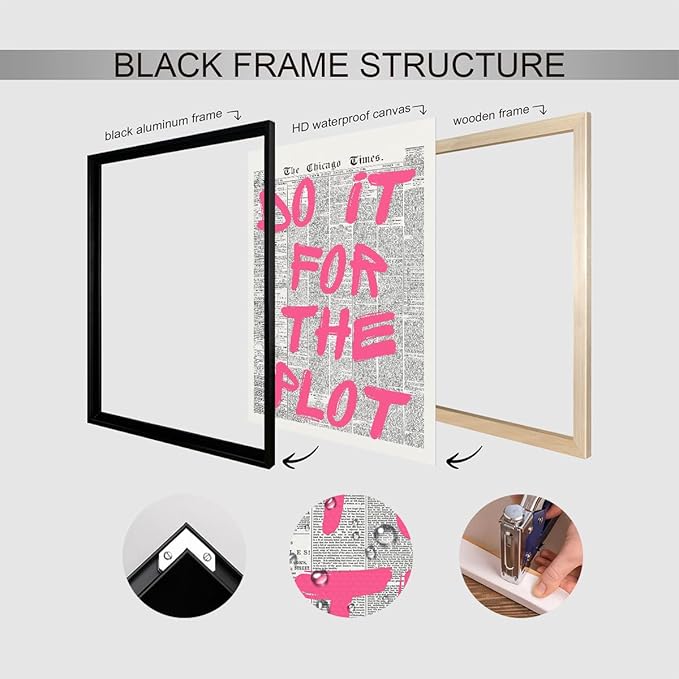 Enlaizhude Pink Do It For The Plot Quote Poster, Vintage Black White Newspaper Canvas Wall Art, Trendy Positive Affirmations Picture Print, Charming Inspirational Office Wall Decor 8x12in Unframed