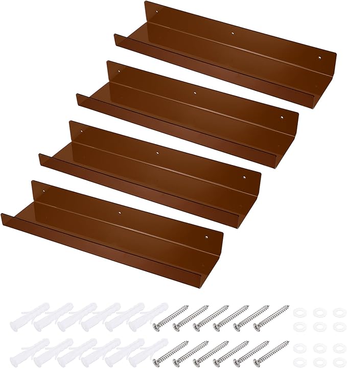 MECCANIXITY 4 Pack Acrylic Shelves for Wall, 15 Inch Brown Floating Shelves Wall Mount Display Shelf Organizer for Bathroom, Bedroom, Living Room, Room Decor