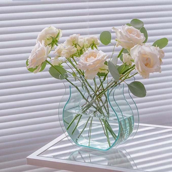 Acrylic Flower Vase Fish Tank for Small Goldfish Make-up Brush/Pen Holder Elegant Modern Contemporary Design Vase for Home Office Wedding Decor (Green Glass, Flower)