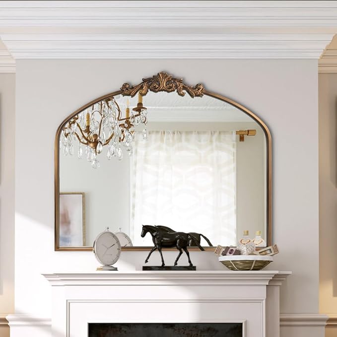 HQiJun Gold Wall Mirror, Large Arched Vintage Baroque Ornate Mirrors, Traditional Decorative Antique Brass Mirror for Entryway, Living Room, Bedroom, Bathroom Vanity, Fireplace Mantel(Gold,29"x36")