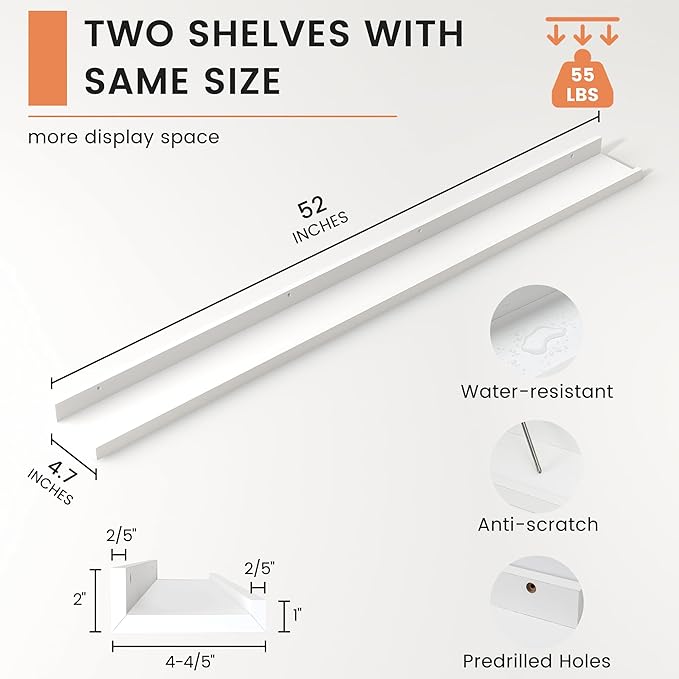 FLYJOE Picture Ledge Shelf, Floating Shelves Set of 2, 52 Inches Nursery Book Shelves for Toys Storage, Kids Bookshelf Wall Mounted for Living Room Bedroom Decor Books Photo Frames, White