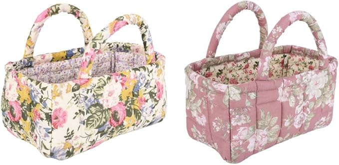 2Pcs Small Storage Basket Organizer, Mini Quilted Fabric Basket with Handle, Collapsible Storage Bin for Socks, Keys, Diapers