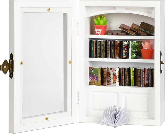 Anxiety Bookshelf with 24 Real Mini Books, Unique Mini Book Shelf, Miniature Library Gifts for Book Lovers, Anxiety Bookshelf for Home Room Office Decor (White)