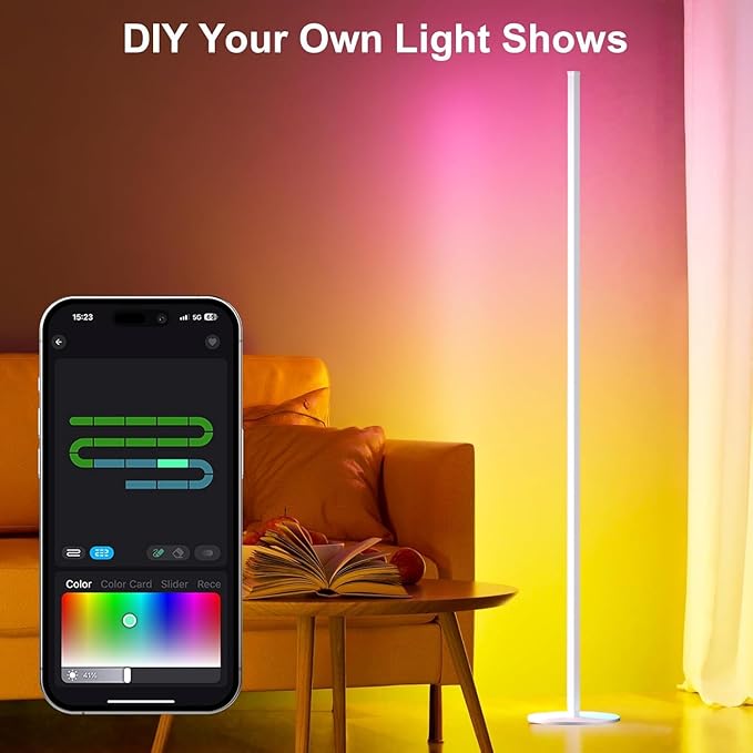 White Corner Floor Lamp 1 Pair, LED Corner Lamp with Remote Control, APP Control 16 Million Colors, Timing, Color Changing Ambient Lighting for Living Room, Bedroom, Gaming (Only One Adaptor)