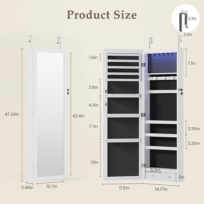 Sweetcrispy Jewelry Organizers and Storage, Wall/Door Mounted Jewelry Armoire with Full Length Mirror, 47.2" Tall Mirror with Storage, Automatic 6 LED Lights, Lockable, 2 Drawers, White