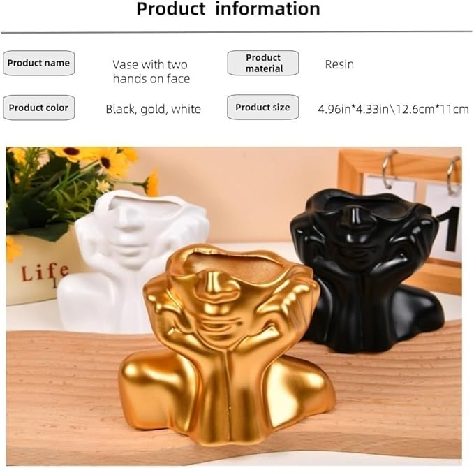 Face Vase – Small Human Body Art Vase in Resin,Women’s Head Shape for Flowers, Makeup Organizer & Desk Decor (Gold)