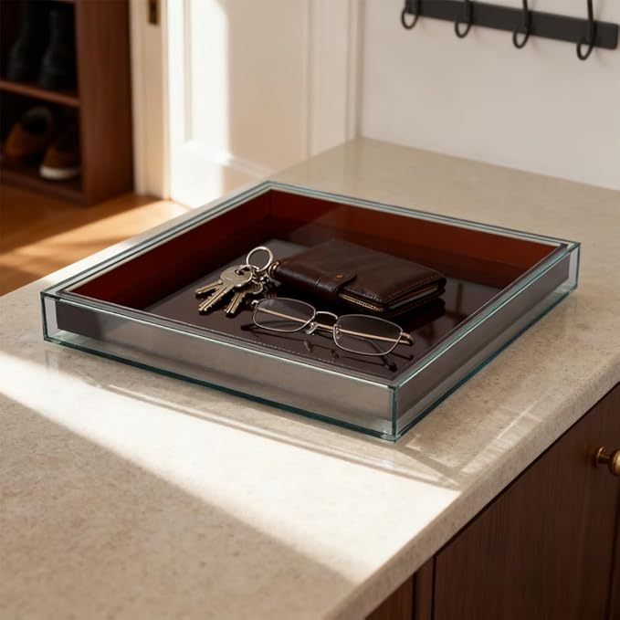 10"x10" Brown Acrylic Tray, Decorative Bathroom Vanity Counter Tray for Perfume, Candle, Soap, Coffee Table & Kitchen – Square Acrylic Organizer for Sink, Entryway Table, Dresser Home Decor
