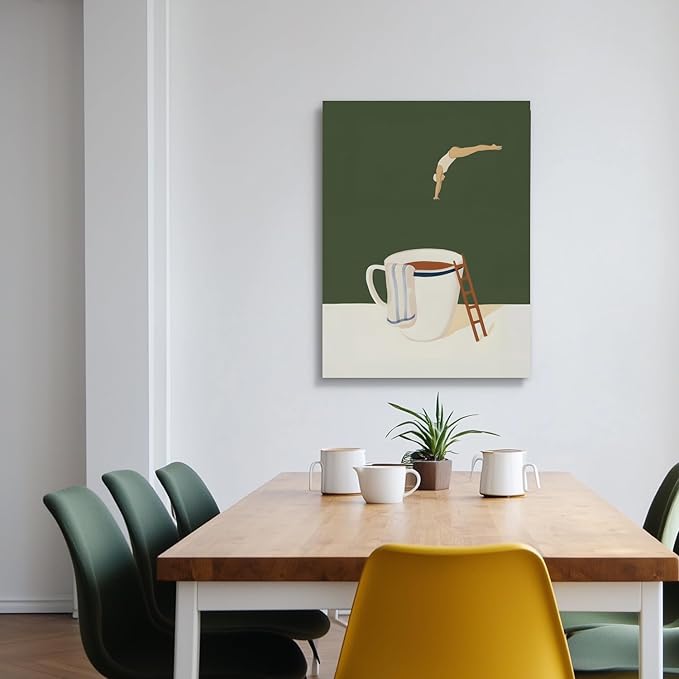 Cyebmo Modern Coffee Wall Art, Funny Diver Wall Decor, Vintage Kitchen Wall Decor, Minimalist Cafe Wrapped Canvas Painting, Green Abstract Espresso Artwork for Kitchen Cafe Coffee Bar 16x24 Inch